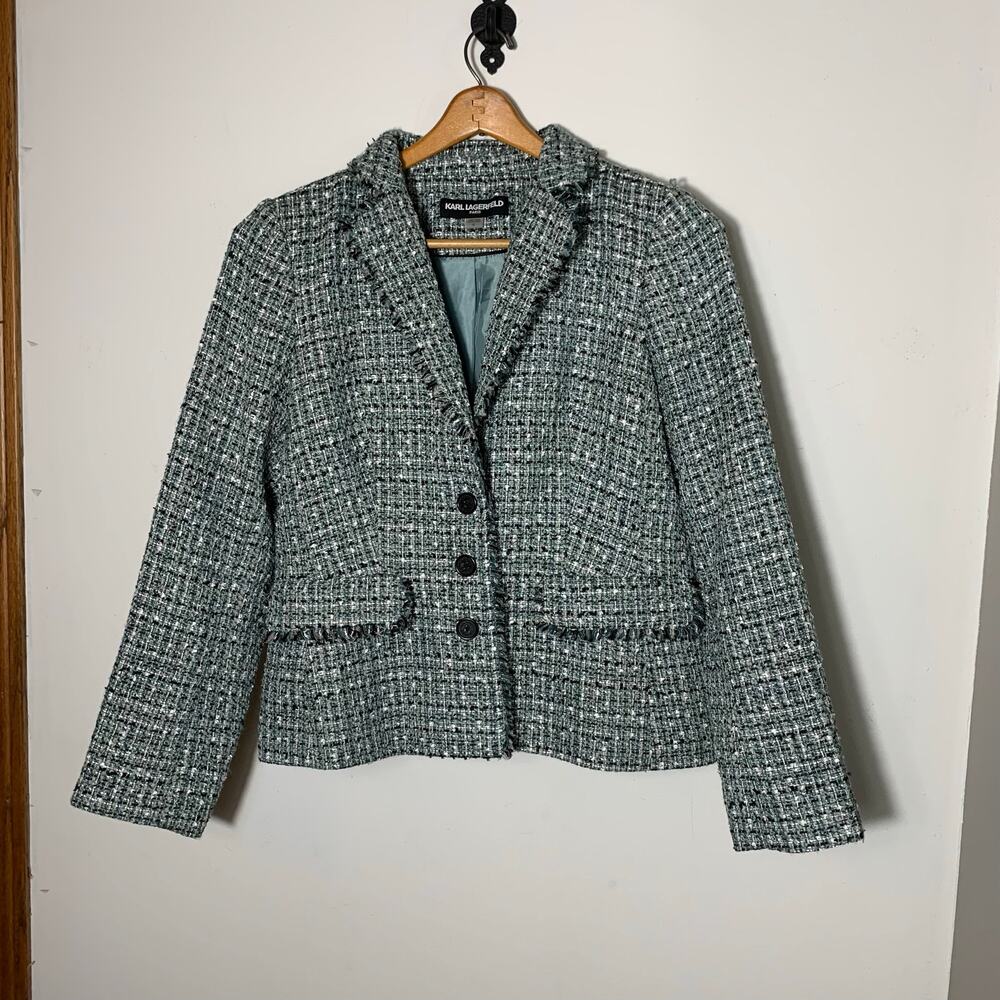 Womens Karl Lagerfeld Paris Blue Tweed Blazer Size 12 EUC!